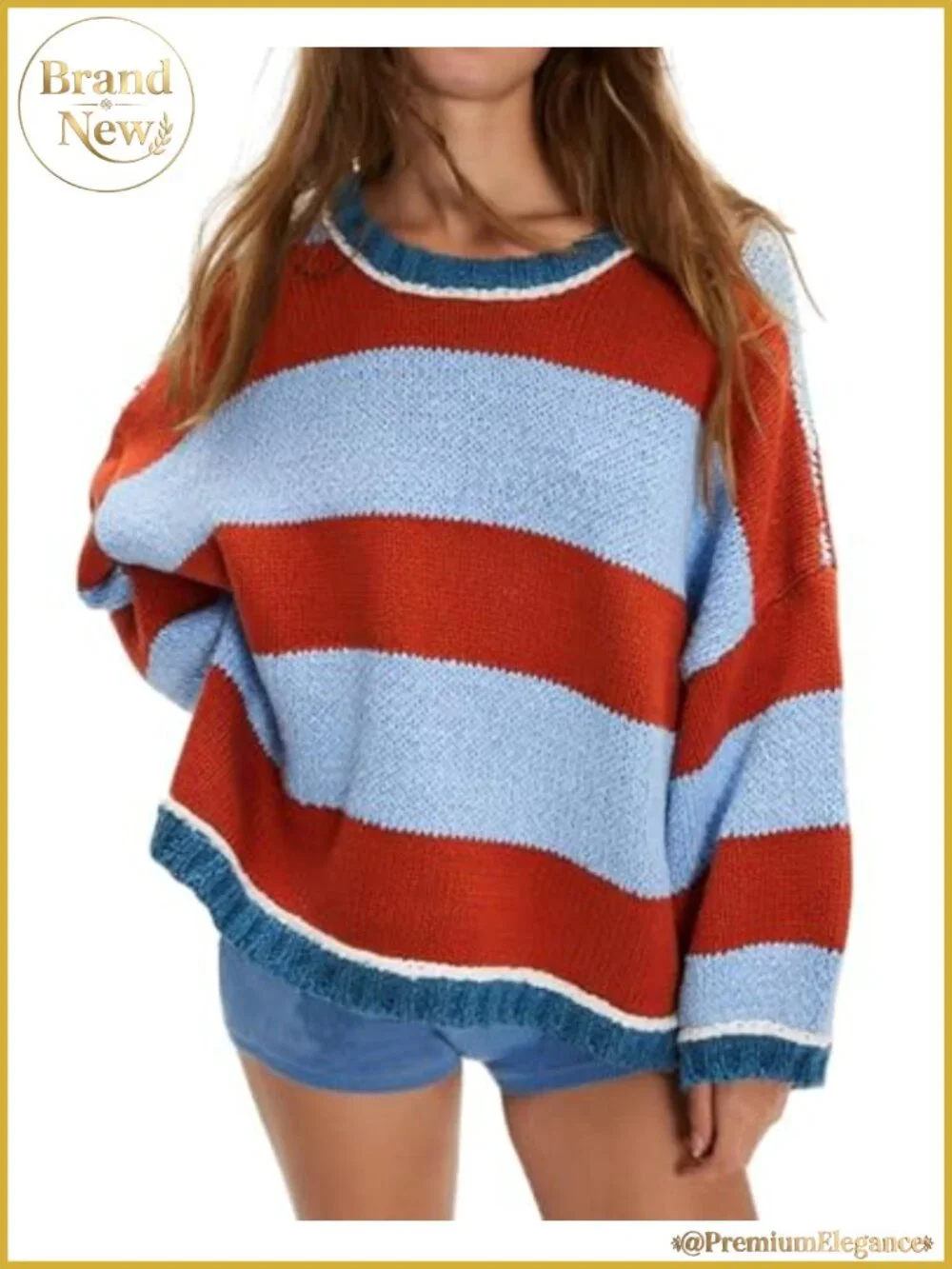Women's Color Block Striped Crewneck Sweater, Cotton Blend Knit Pullover, Long